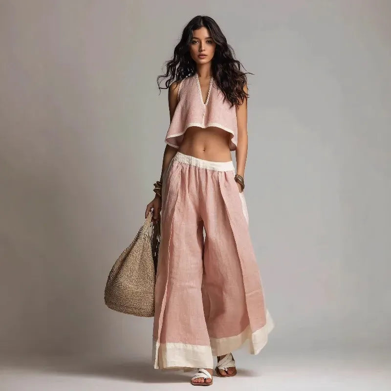Women's Cotton-Linen V-Neck Sleeveless Wide-Leg Top and Pants Set