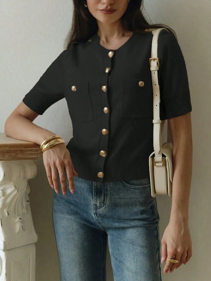Women's Short-Sleeve Buttoned Crochet Slim-Fit Cardigan