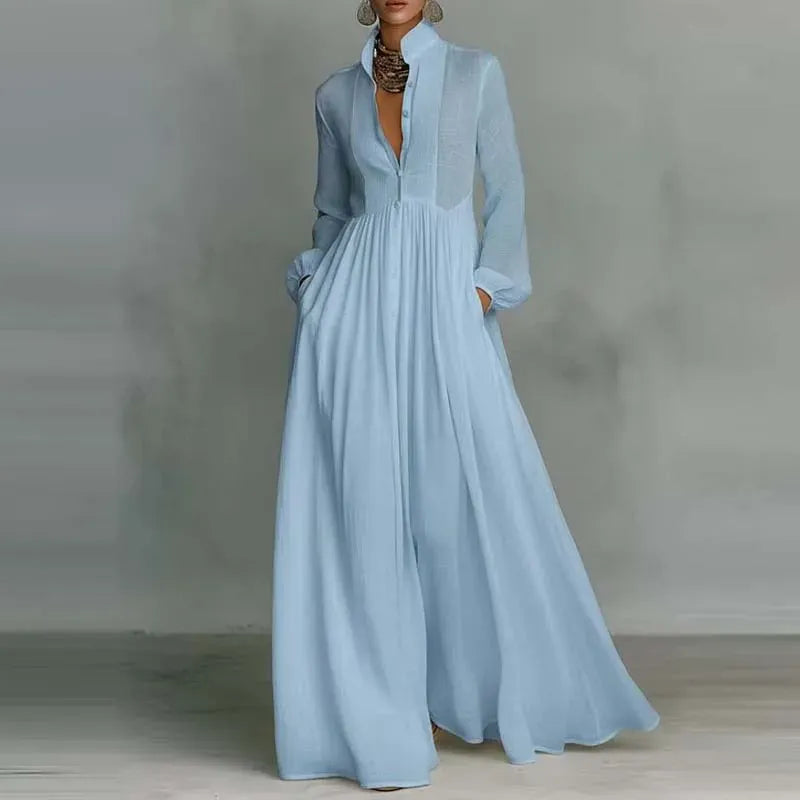 Women's Long-Sleeve High-Waisted Pleated Buttoned Maxi Occasion Dress