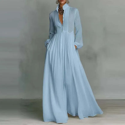 Women's Long-Sleeve High-Waisted Pleated Buttoned Maxi Occasion Dress