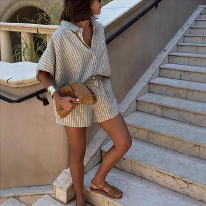 Women's Striped Short-Sleeve Printed Buttoned Shorts Set
