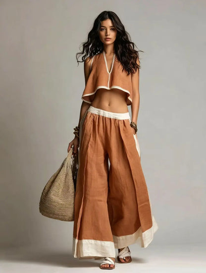 Women's Cotton-Linen V-Neck Sleeveless Wide-Leg Top and Pants Set