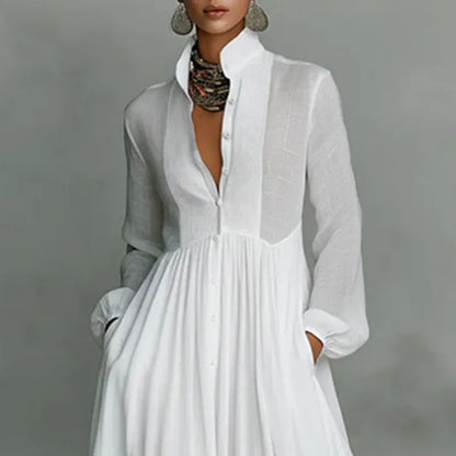 Women's Long-Sleeve High-Waisted Pleated Buttoned Maxi Occasion Dress