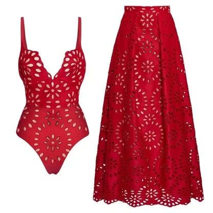 Women's Lace-Detail Solid-Color Backless Beach Two-Piece Set