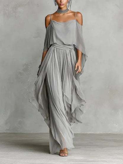 Women's Chiffon Off-Shoulder Relaxed-Fit Pants Set