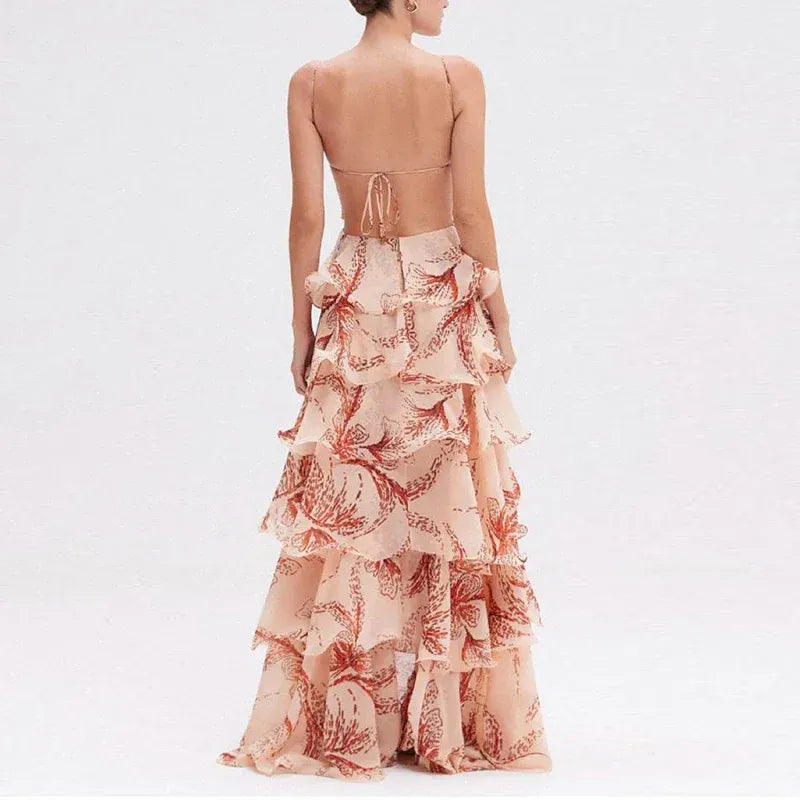Women's Bohemian V-Neck Sleeveless Ruffle Maxi Dress
