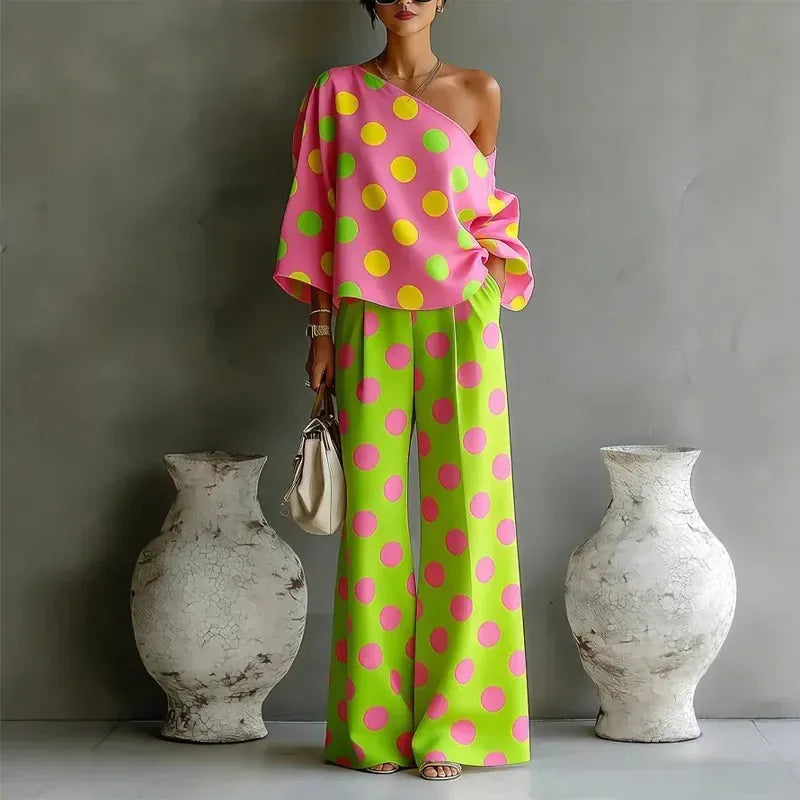 Women's Off-Shoulder High-Waisted Wide-Leg Printed Pants Set