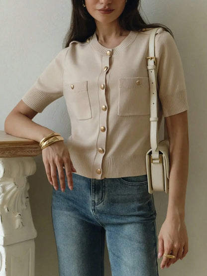 Women's Short-Sleeve Buttoned Crochet Slim-Fit Cardigan