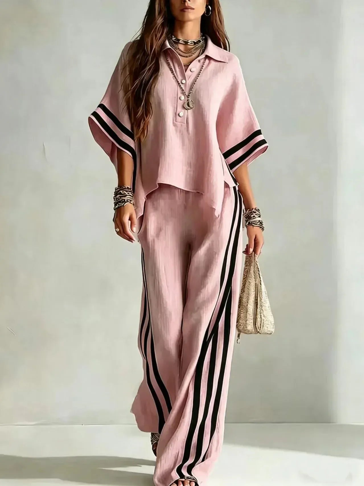 Women's Striped Relaxed-Fit Pants Two-Piece Set