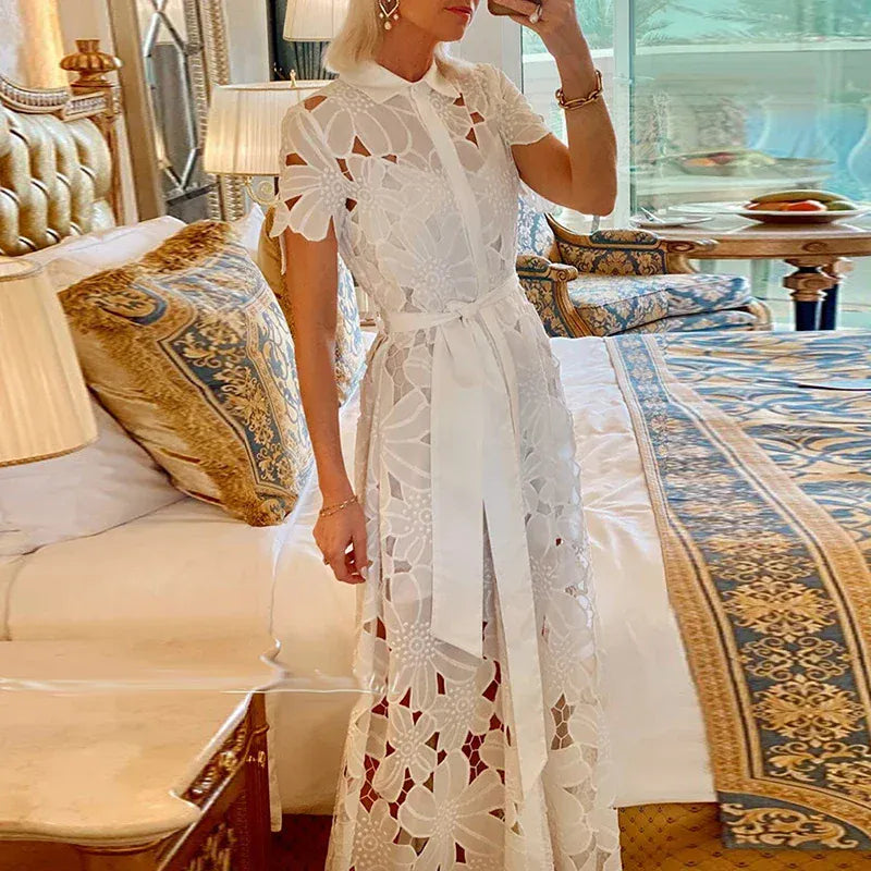 Women's Lace-Detail Embroidered Short-Sleeve Bohemian Vintage Occasion Dress
