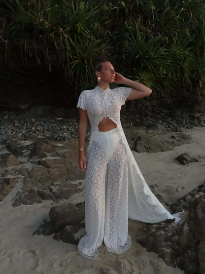 Women's Vacation Lace Mesh-Detail Sleeveless Pants Set