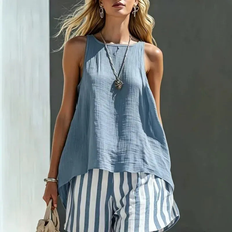 Women's Linen Striped Sleeveless Casual Vacation Top and Shorts Set