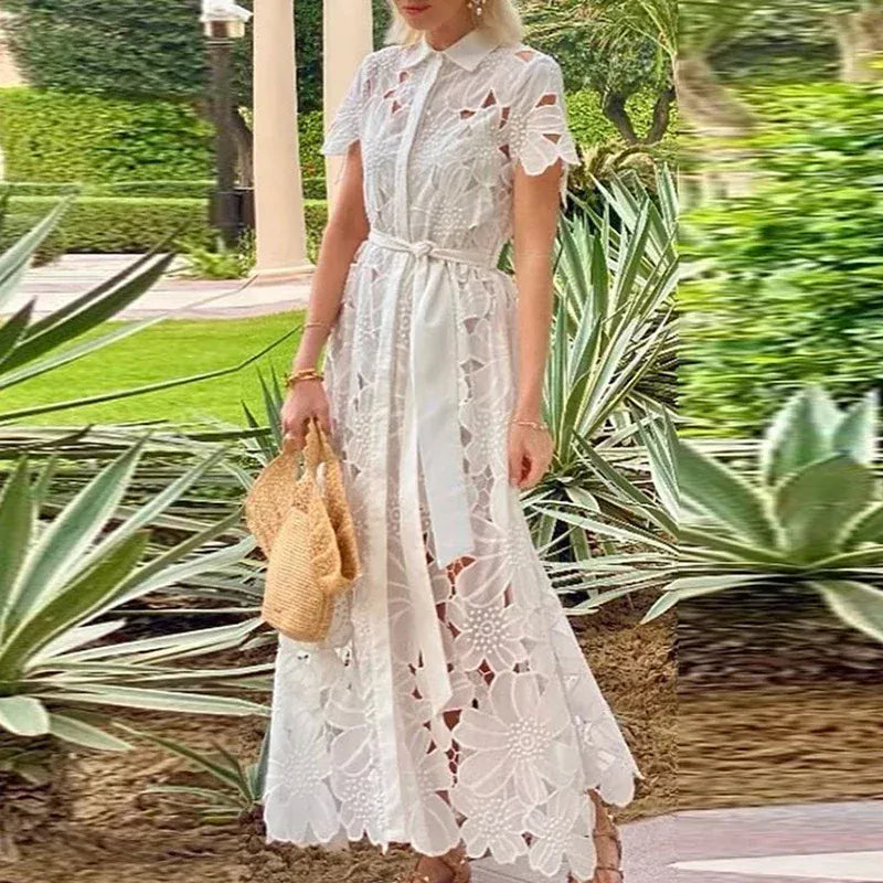 Women's Lace-Detail Embroidered Short-Sleeve Bohemian Vintage Occasion Dress