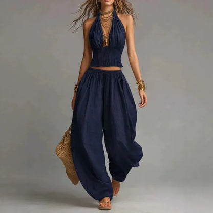 Women's Linen Halter-Neck Wide-Leg Crop Bohemian Top and Pants Set