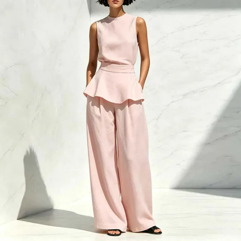 Women's Sleeveless High-Waisted Wide-Leg Ruffle Pants Set