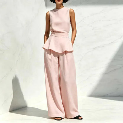 Women's Sleeveless High-Waisted Wide-Leg Ruffle Pants Set