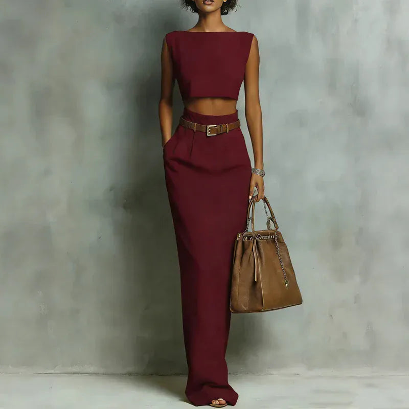 Women's Sleeveless Crew-Neck Pocketed Skirt Set