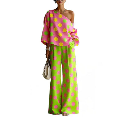 Women's Polka-Dot One-Shoulder High-Waisted Wide-Leg Vacation Top and Pants Set