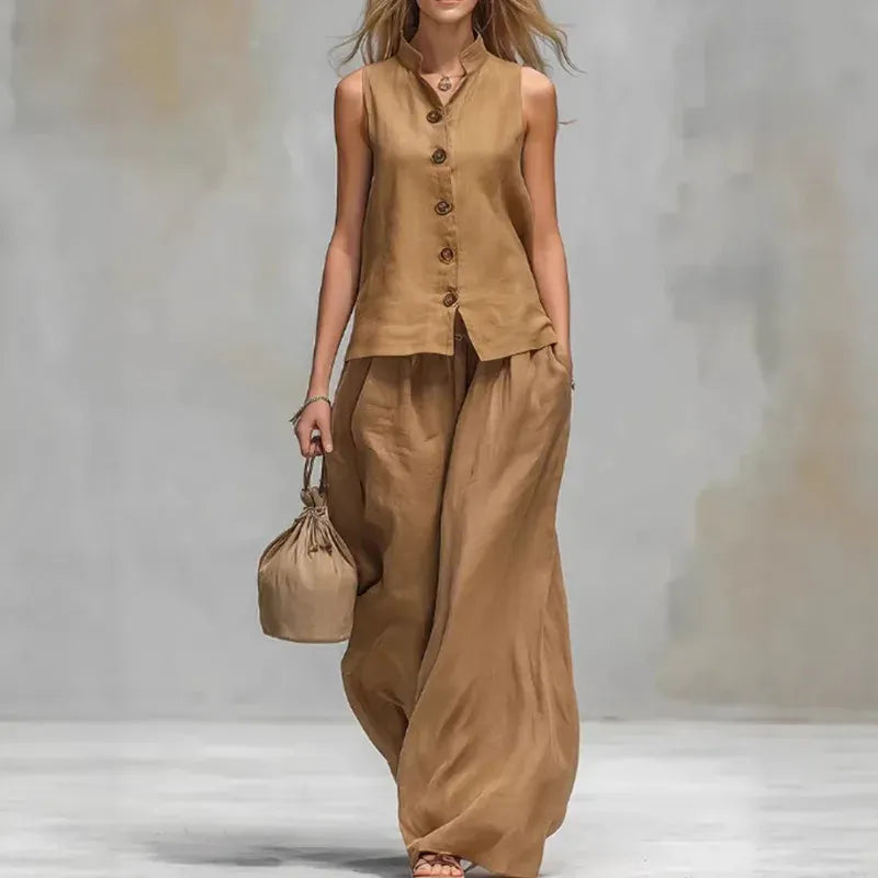Women's Cotton-Linen Mock-Neck Sleeveless Wide-Leg Top and Pants Set