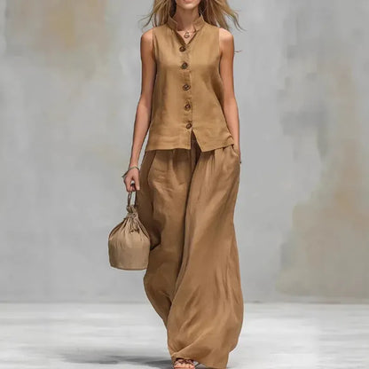 Women's Cotton-Linen Mock-Neck Sleeveless Wide-Leg Top and Pants Set