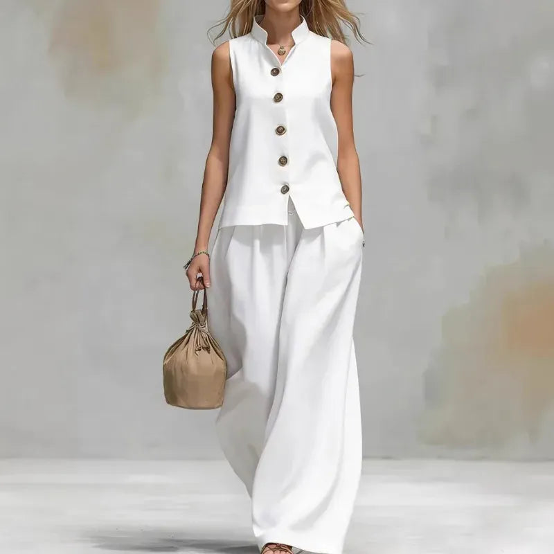 Women's Cotton-Linen Mock-Neck Sleeveless Wide-Leg Top and Pants Set
