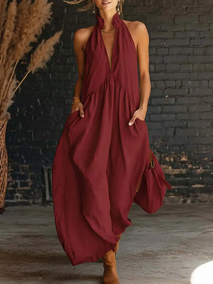 Women's Solid-Color V-Neck Off-Shoulder Sleeveless Casual Maxi Dress