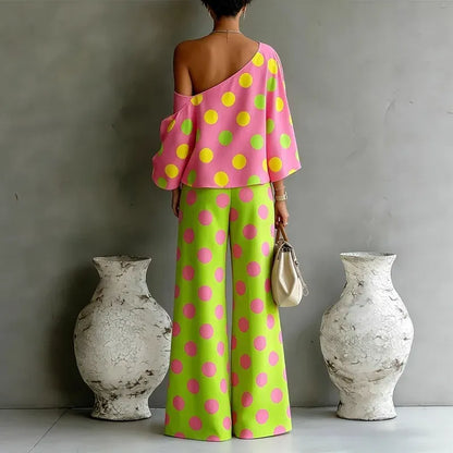 Women's Polka-Dot One-Shoulder High-Waisted Wide-Leg Vacation Top and Pants Set