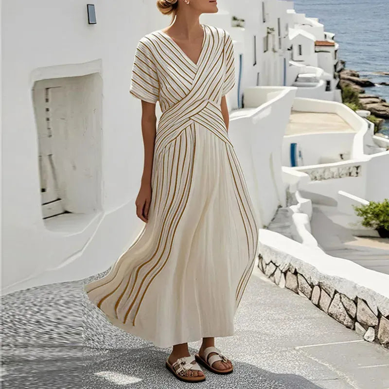 Women's Striped V-Neck Short-Sleeve Office-to-Beach Dress
