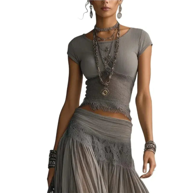 Women's Lace Short-Sleeve High-Waisted Slim-Fit Skirt Set