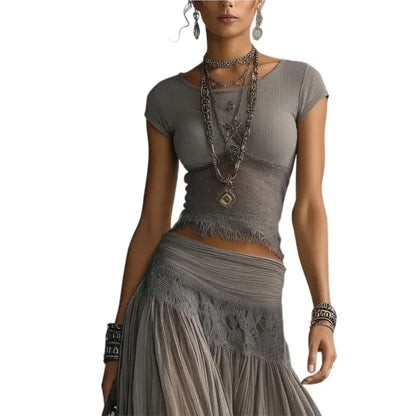 Women's Lace Short-Sleeve High-Waisted Slim-Fit Skirt Set