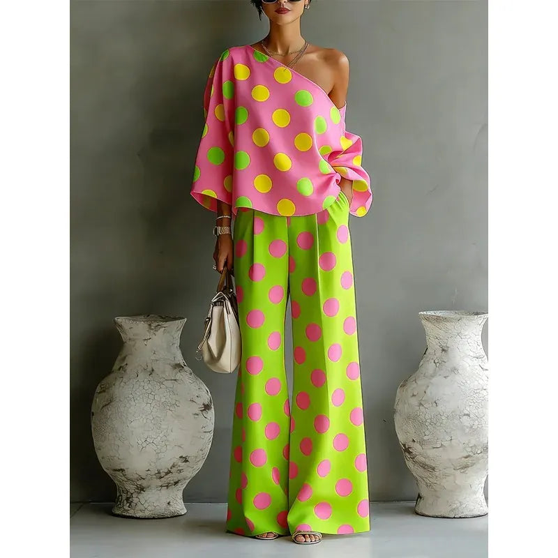 Women's Polka-Dot One-Shoulder High-Waisted Wide-Leg Vacation Top and Pants Set