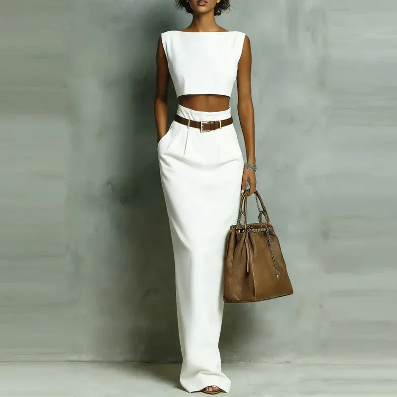 Women's Sleeveless Crew-Neck Pocketed Skirt Set