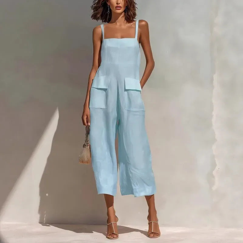 Women's Cotton-Linen Sleeveless Relaxed-Fit Vintage Jumpsuit