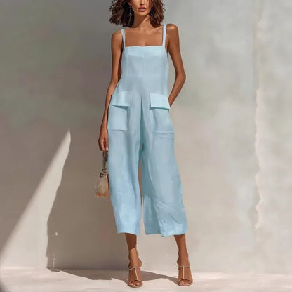 Women's Cotton-Linen Sleeveless Relaxed-Fit Vintage Jumpsuit