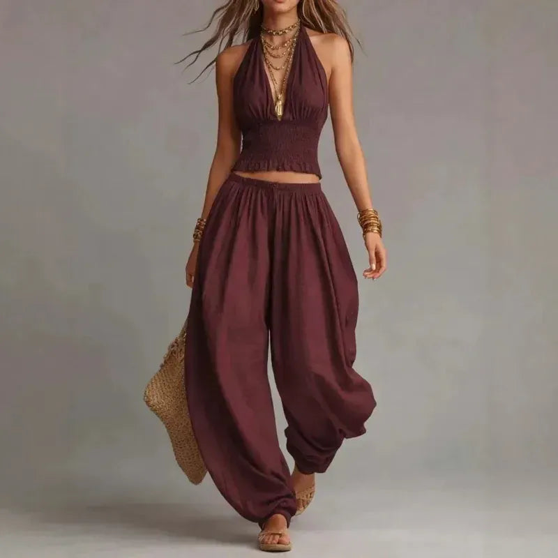 Women's Linen-Blend Bohemian Halter-Neck Wide-Leg Pants Set