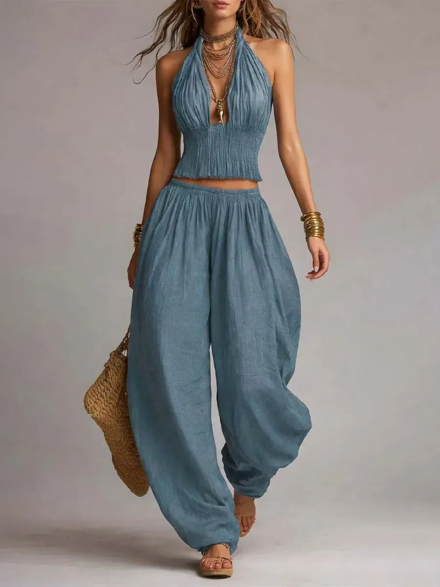 Women's Linen Halter-Neck Wide-Leg Crop Bohemian Top and Pants Set