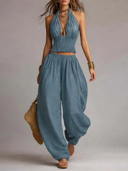 Women's Linen Halter-Neck Wide-Leg Crop Bohemian Top and Pants Set