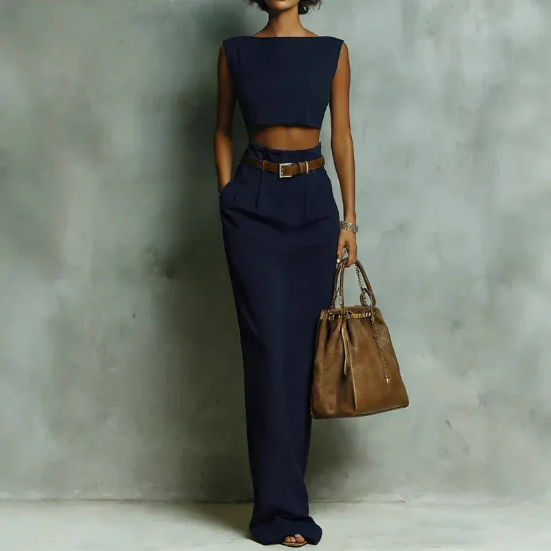 Women's Sleeveless Crew-Neck Pocketed Skirt Set