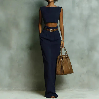 Women's Sleeveless Crew-Neck Pocketed Skirt Set