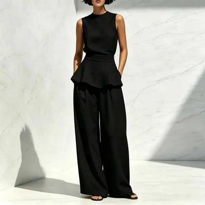 Women's Sleeveless High-Waisted Wide-Leg Ruffle Pants Set