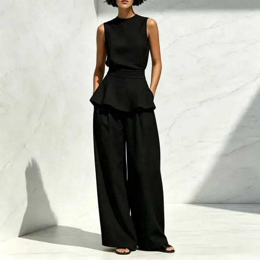 Women's Sleeveless High-Waisted Wide-Leg Ruffle Pants Set