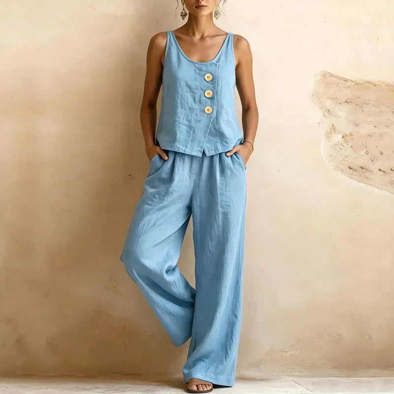 Women's Linen-Blend Sleeveless Crew-Neck Wide-Leg Pants Set