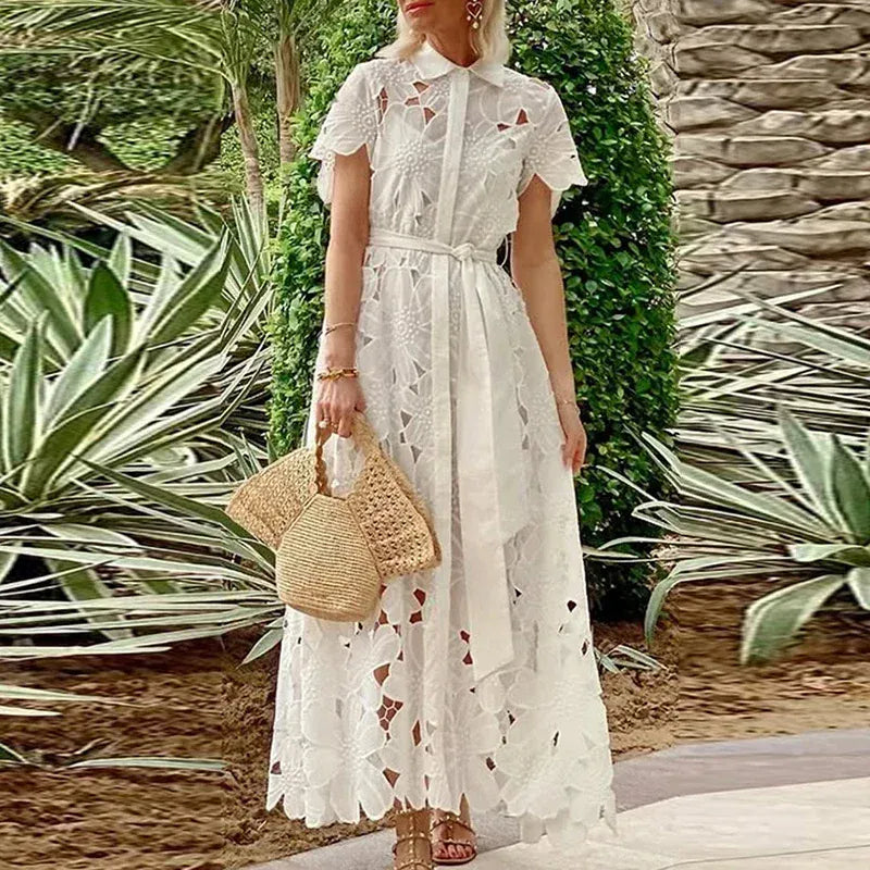 Women's Lace-Detail Embroidered Short-Sleeve Bohemian Vintage Occasion Dress
