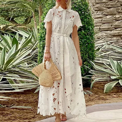 Women's Lace-Detail Embroidered Short-Sleeve Bohemian Vintage Occasion Dress