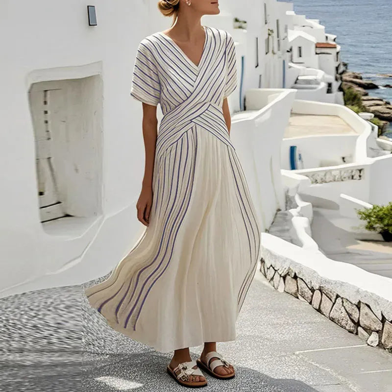 Women's Striped V-Neck Short-Sleeve Office-to-Beach Dress