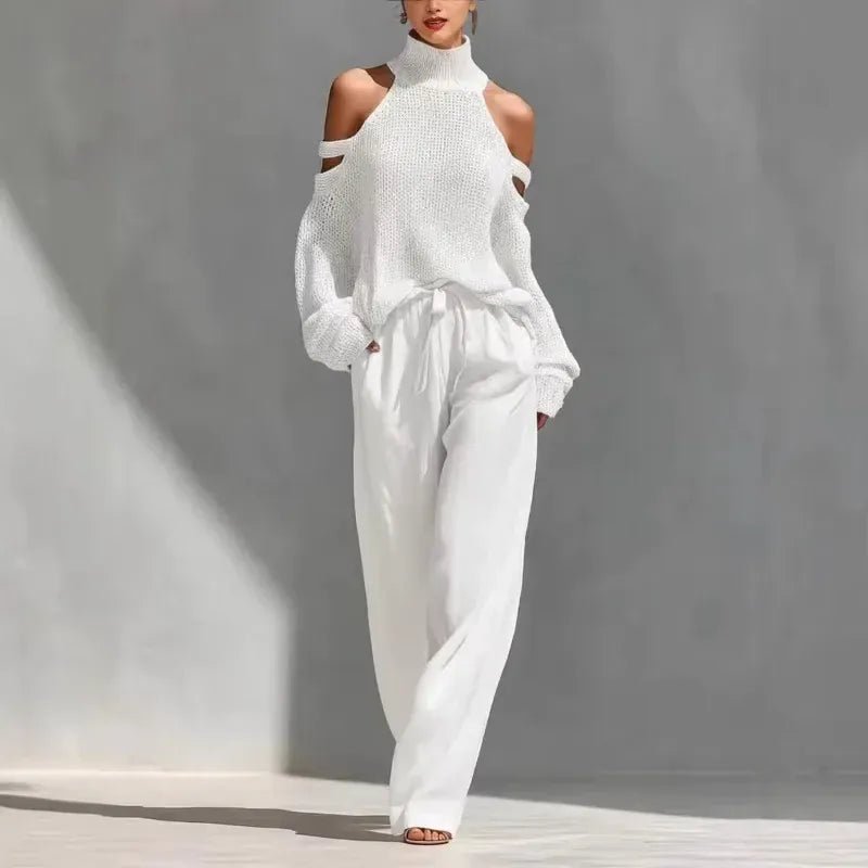 Women's Knit Off-Shoulder Relaxed-Fit Cut-Out Pants Set