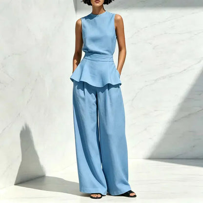 Women's Sleeveless High-Waisted Wide-Leg Ruffle Pants Set