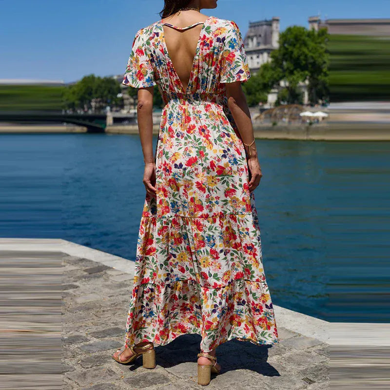 Women's Bohemian V-Neck Strappy Short-Sleeve Mini Occasion Dress