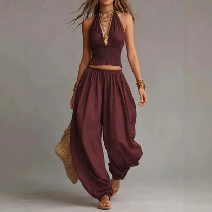 Women's Linen Halter-Neck Wide-Leg Crop Bohemian Top and Pants Set