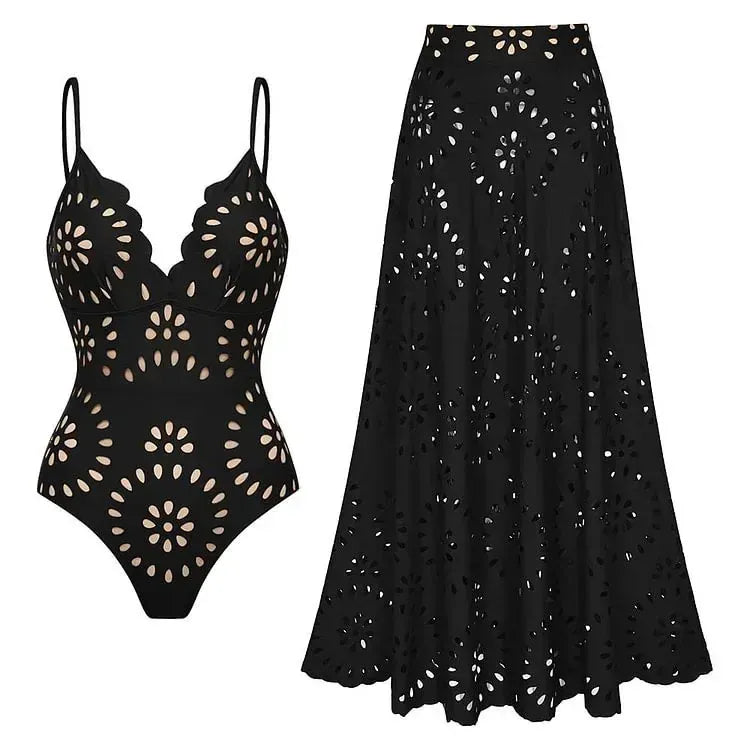 Women's Lace-Detail Solid-Color Backless Beach Two-Piece Set
